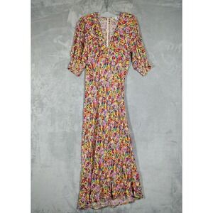 RIXO for Target Abstract Floral V-Neck Midi Dress Multicolor Smocked Sleeve 8‎